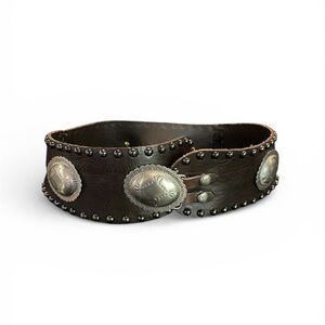 Brown Wide Leather Belt with Silver Concho Accents